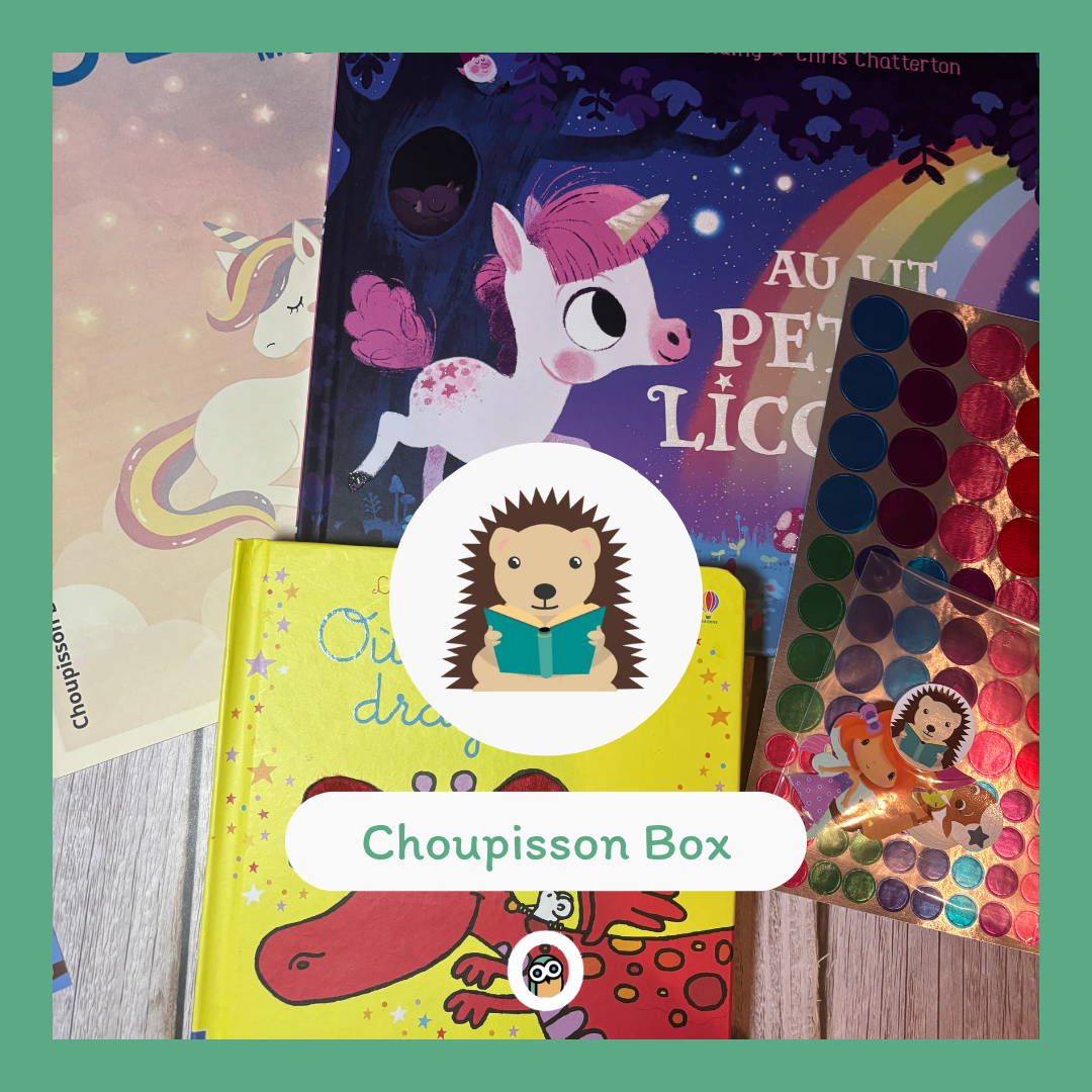 La Choupisson Box comprends des livres et activités pour enfants de 0 à 3 ans autour des animaux fantastiques et de l’imaginaire.