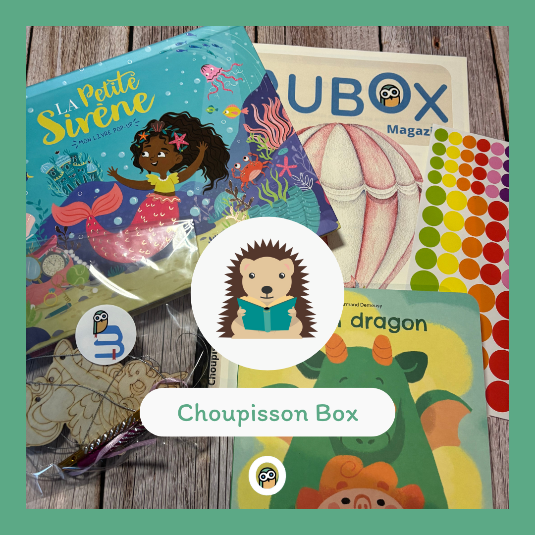 La Choupisson Box comprends des livres et activités pour enfants de 0 à 3 ans sur le thème des animaux imaginaires et de la créativité des tout-petits.