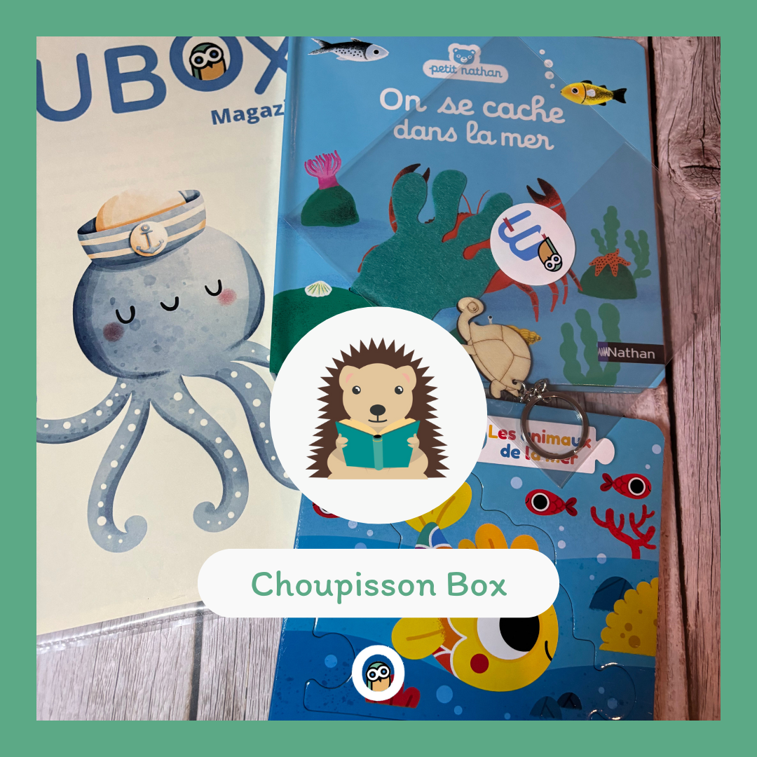 La Choupisson Box comprends des livres et activités pour enfants de 0 à 3 ans sur le thème des océans, de la mer et des animaux y vivent
