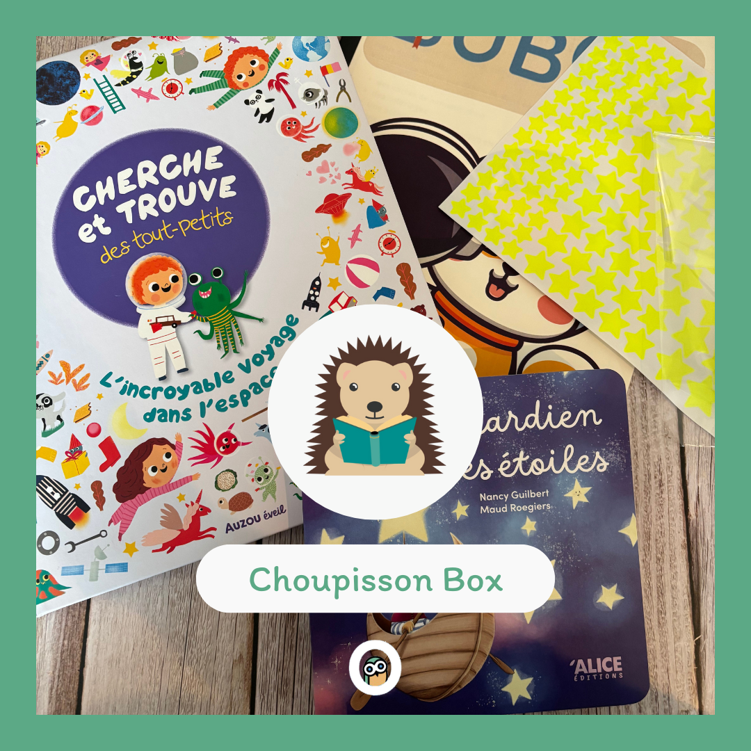 La Choupisson Box comprends des livres et activités pour enfants de 0 à 3 ans sur le thème des étoiles, des planètes qui vont passionner les enfants.